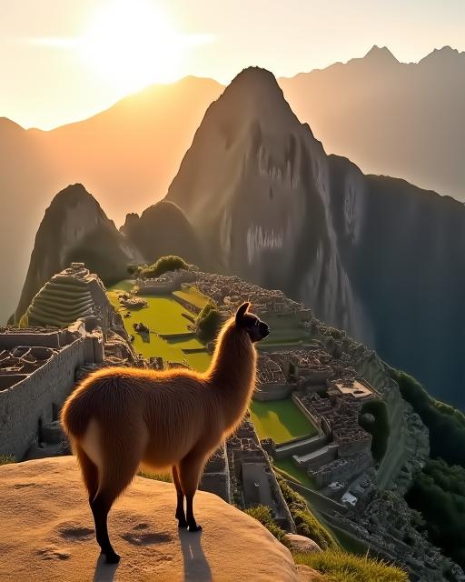 A llama standing on a cliff overlooking Machu Picchu at sunrise