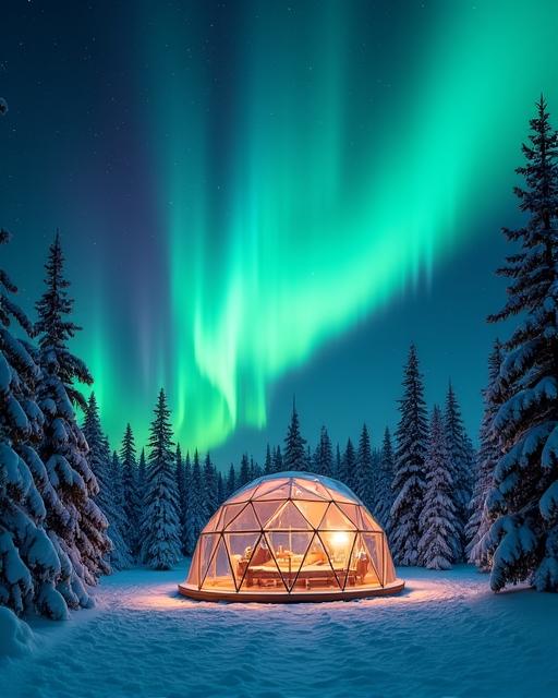 The Aurora Borealis shimmering over a glass igloo in a snowy forest