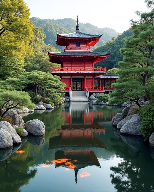 A tranquil Japanese garden with a red pagoda and koi pond