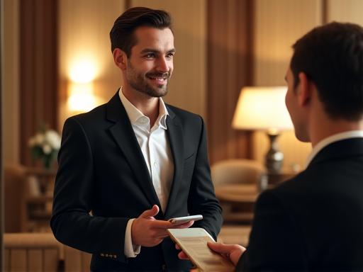 A well-dressed concierge professional attending to a guest in a luxury hotel lobby