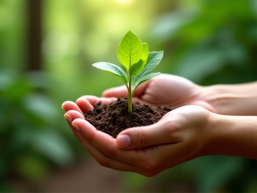 Hands holding a young green sprout in a lush jungle setting